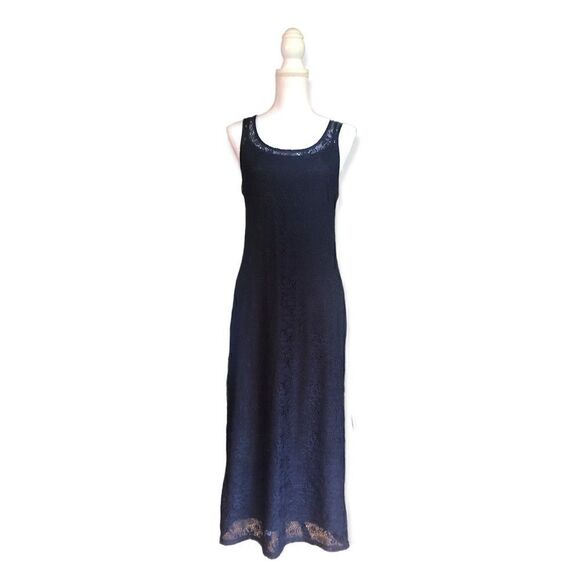 LAPIS BLACK SILK OVERLAY SLEEVELESS MAXI TANK DRESS LARGE NWOT - Picture 1 of 8